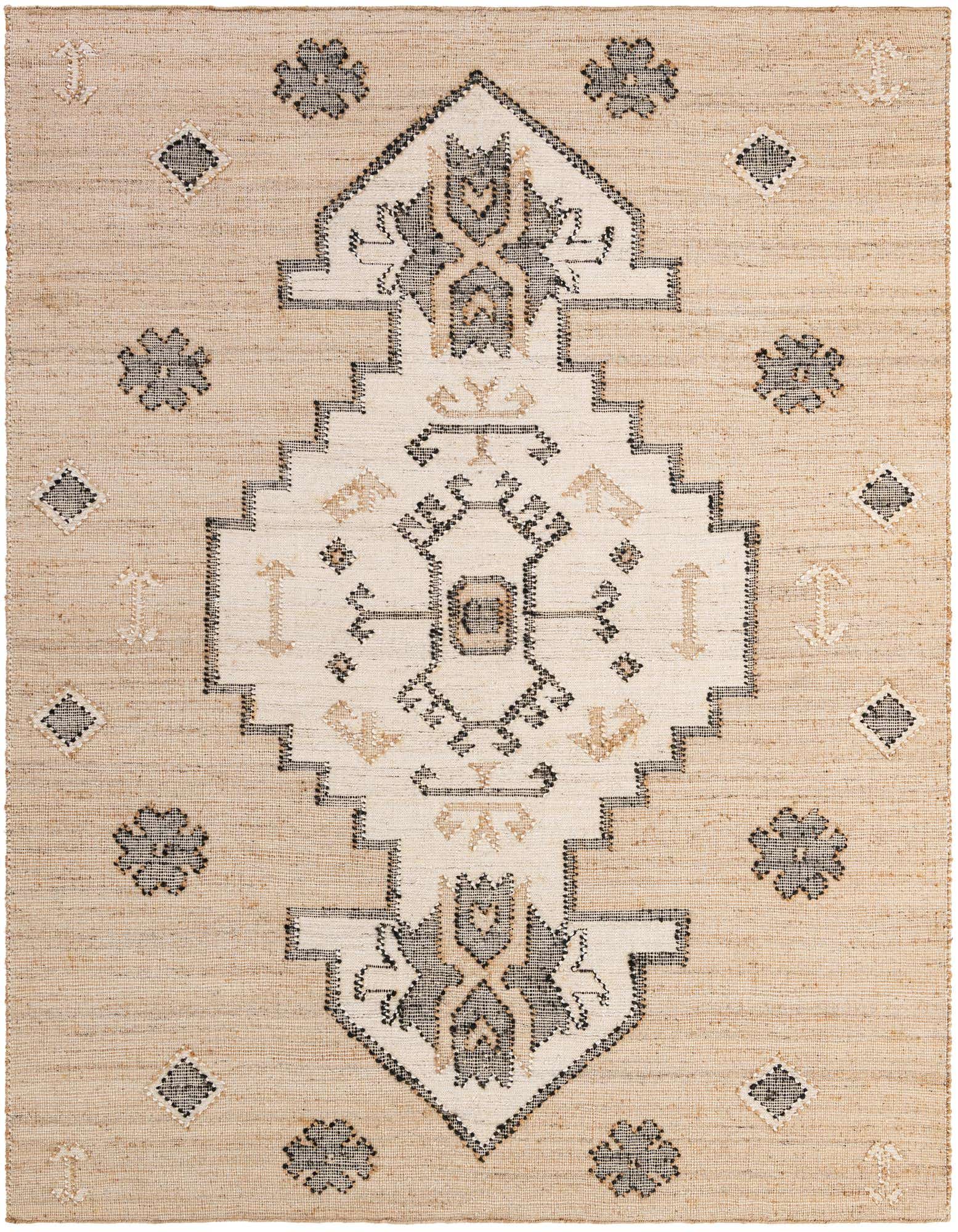 8x10 rectangular jute and cotton rug featuring a traditional medallion pattern in natural brown, cream, and black.
