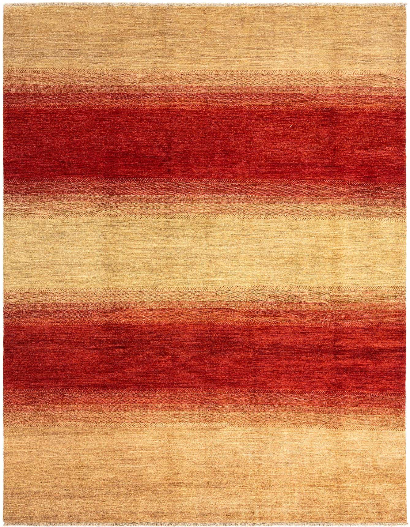 A 9x12 rectangular Kamla Persian rug featuring horizontal stripes in varying shades of brown, tan, and cream.