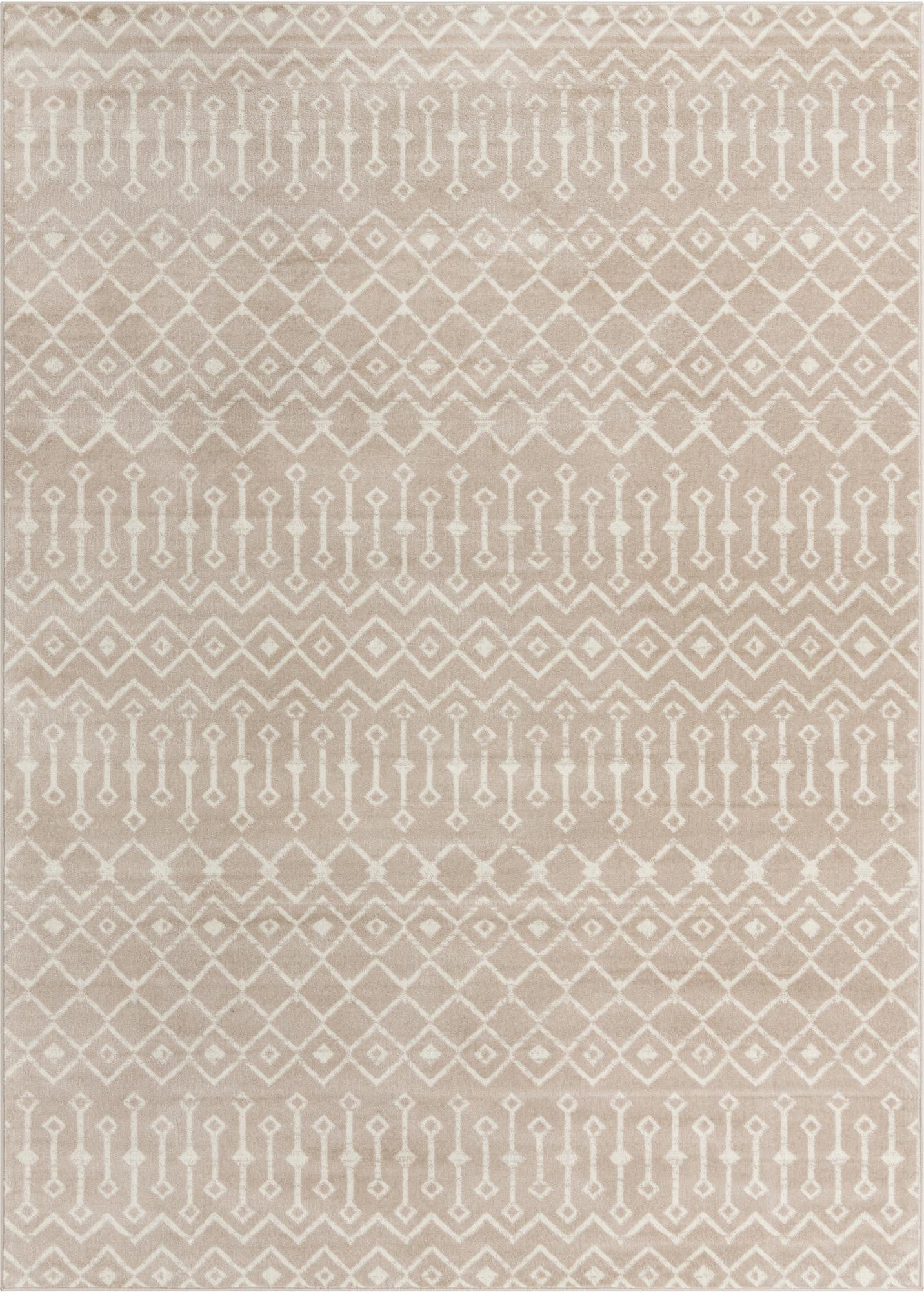 An 8x11 rectangular indoor rug featuring a modern tribal trellis pattern in shades of brown and ivory.