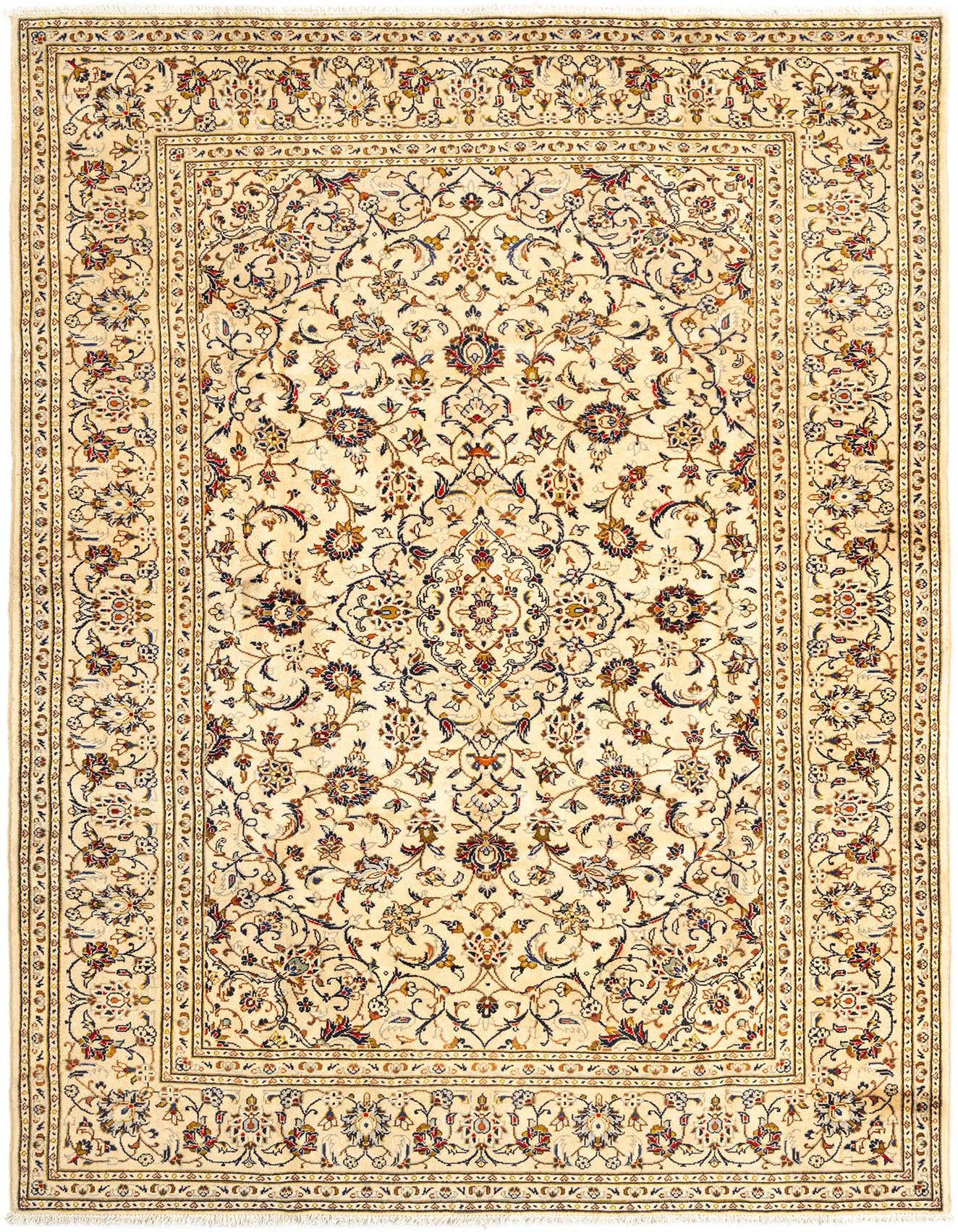 A 6x9 rectangular Kashan Persian rug in cream and brown, featuring intricate floral and medallion patterns.