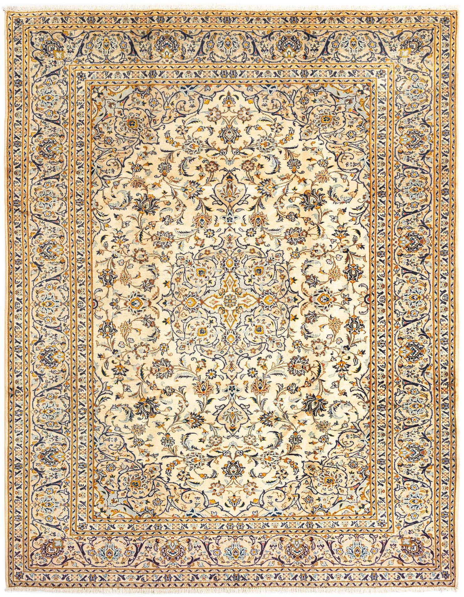 An 8x11 rectangular Kashan Persian rug in cream and brown, featuring intricate floral and medallion patterns.