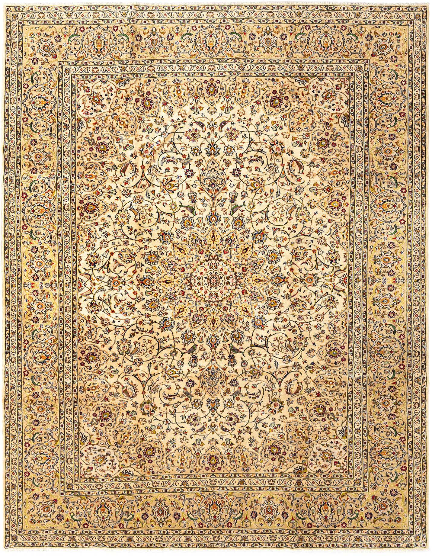 An 8x11 rectangular Kashan Persian rug with a detailed floral medallion pattern in browns, tans, and creams.