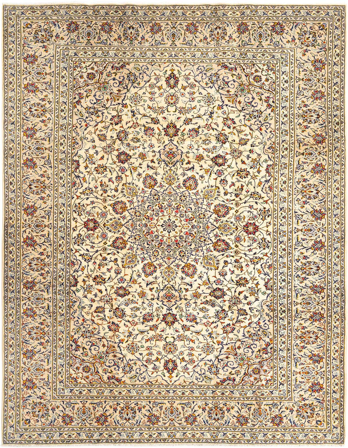 An 8x11 rectangular Persian wool rug with a cream and tan background and intricate floral patterns in blue, red, and gold.