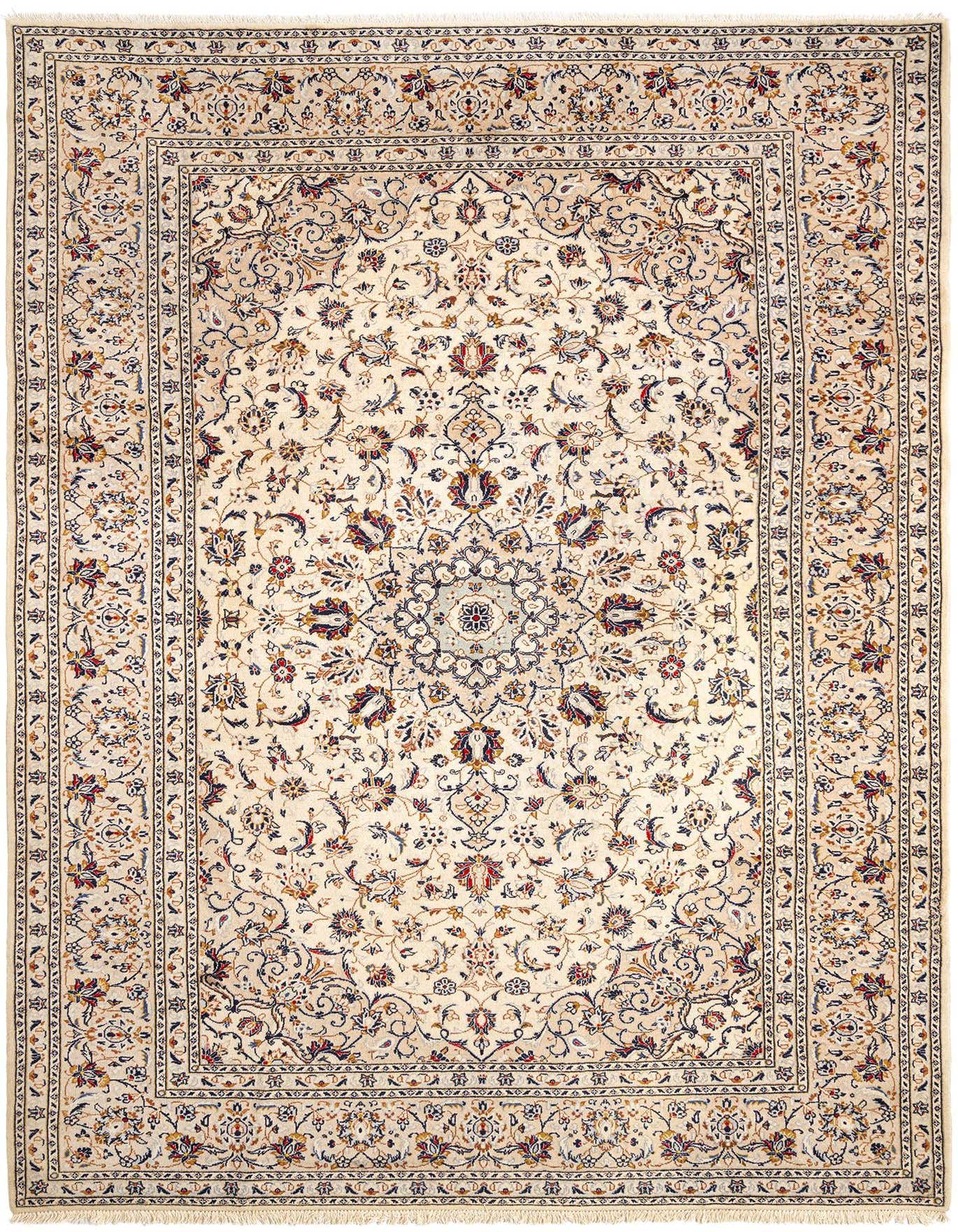 An 8x11 rectangular Persian rug with an ivory and cream background, featuring intricate floral and medallion patterns in shades of brown, tan, and red.