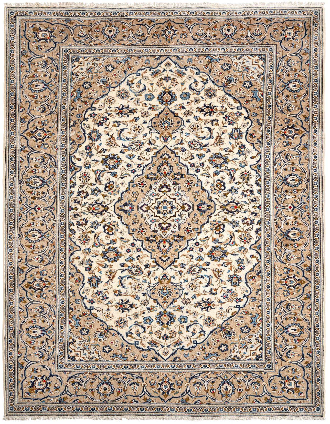 An 8x11 rectangular Kashan Persian rug with a central medallion, featuring intricate floral patterns in ivory, tan, and blue.