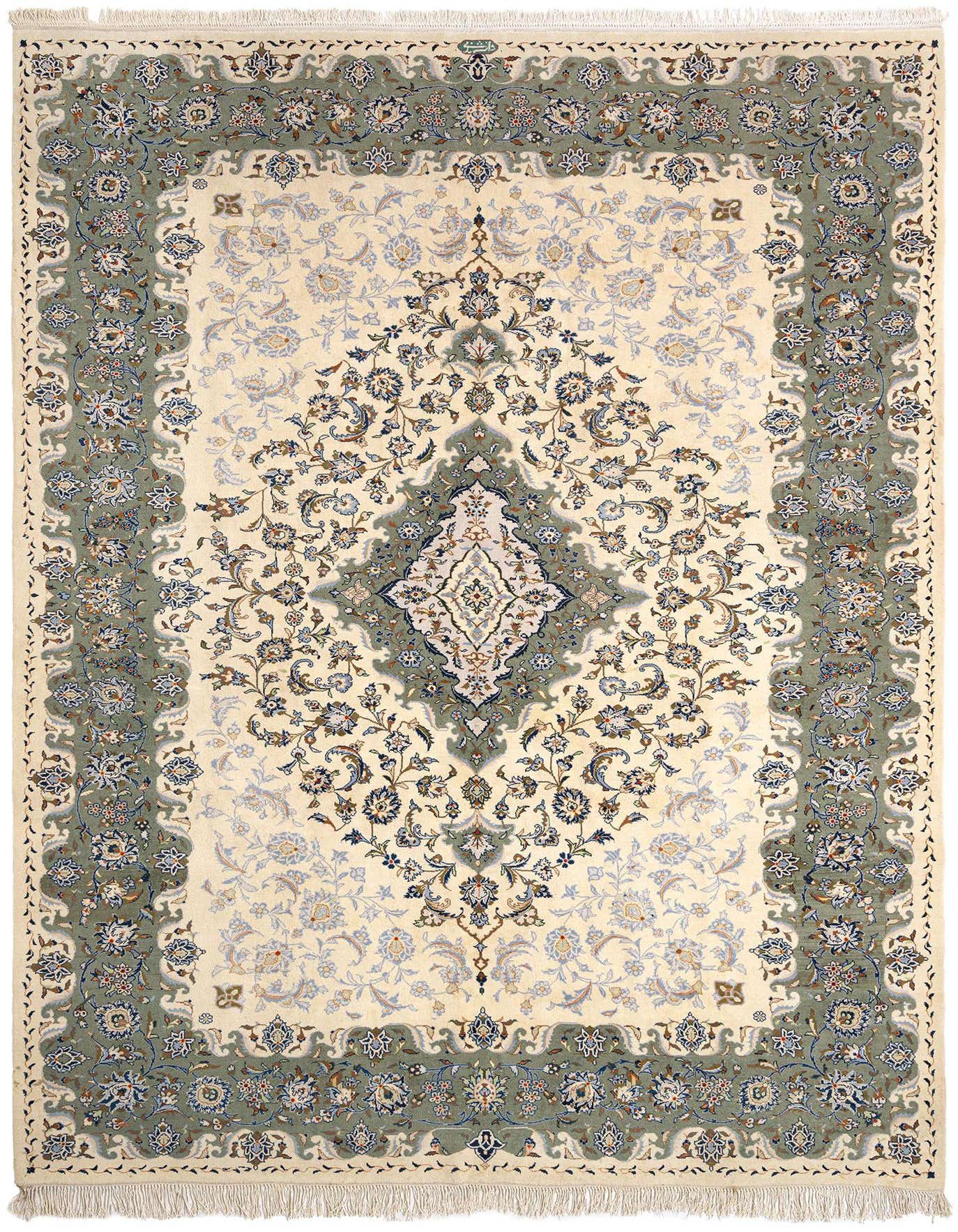 An 8x11 rectangular Persian rug with a cream field, sage green border, and intricate floral medallion pattern in blue and brown.