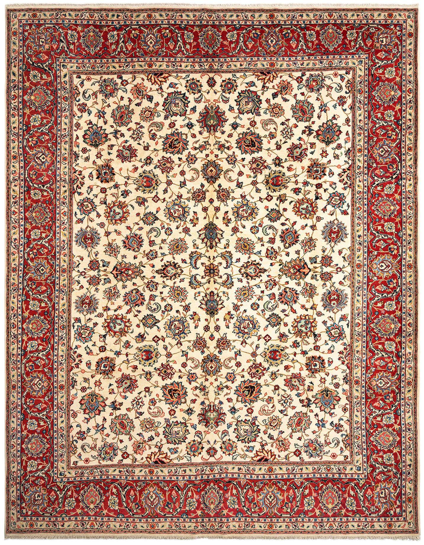 A 9x12 rectangular Kashan Persian rug with a cream field and intricate floral patterns, bordered by rich red.