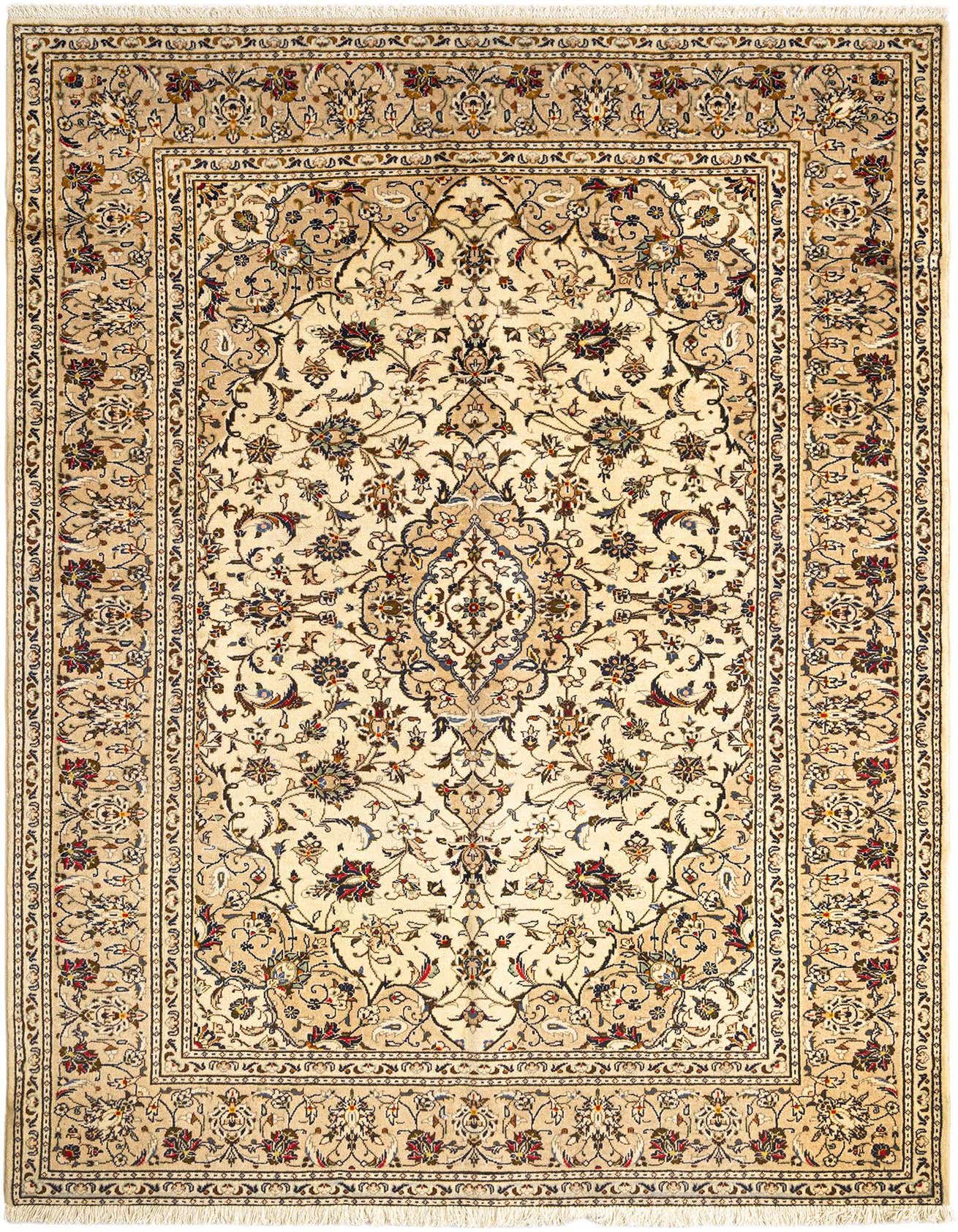 A 6x9 rectangular Persian wool rug in shades of brown, tan, and cream, featuring an intricate floral medallion pattern.