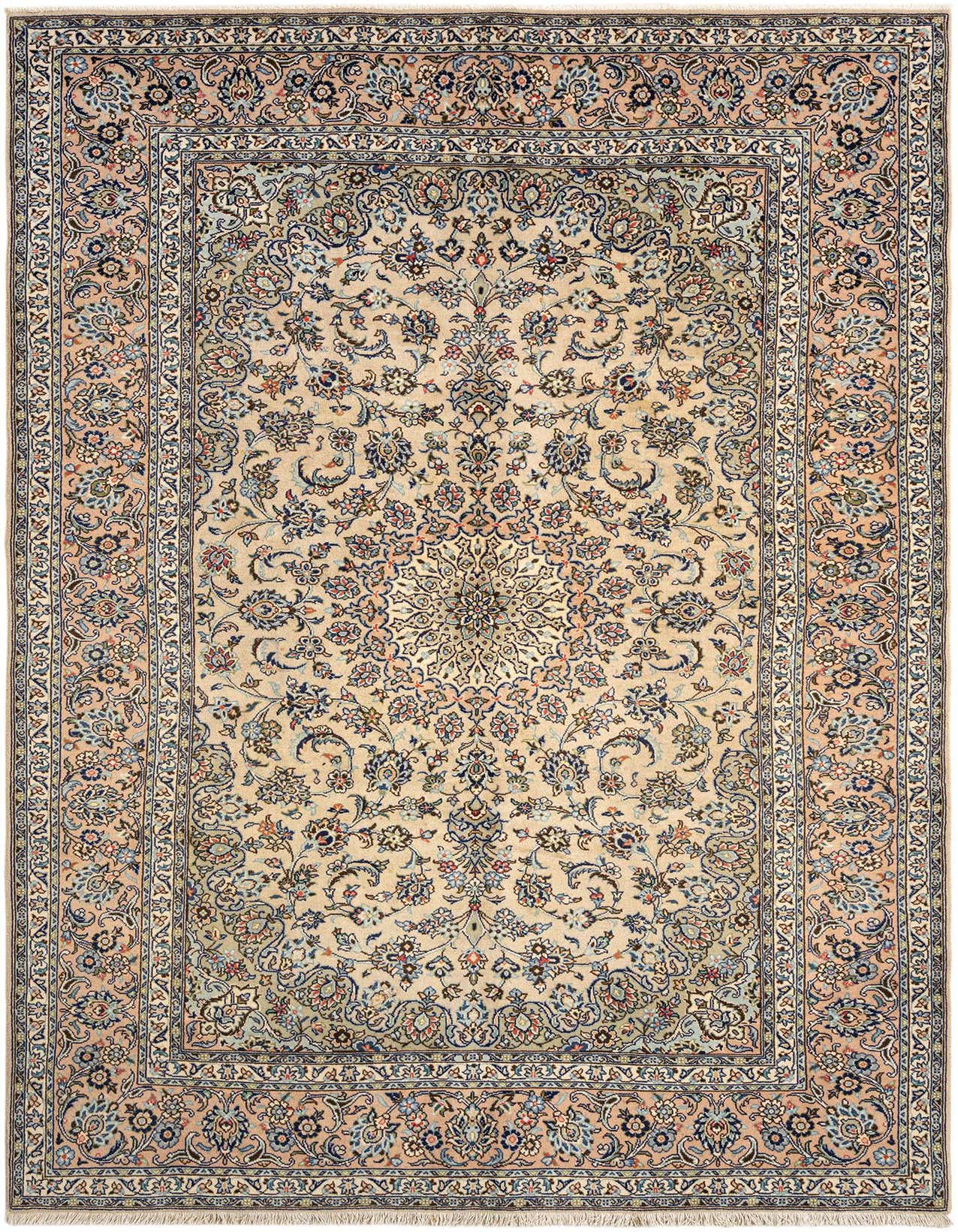 A 6x9 rectangular Persian rug with a cream and tan background, featuring intricate floral patterns in blue, red, and green, and a detailed border.