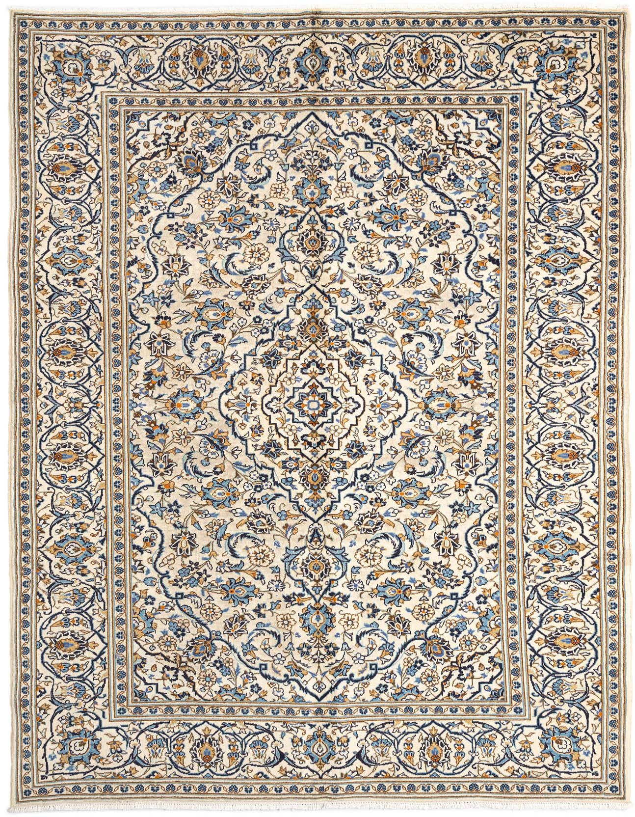 A 6x9 rectangular Kashan Persian rug with an ivory field, intricate blue and brown floral motifs, and a detailed border.