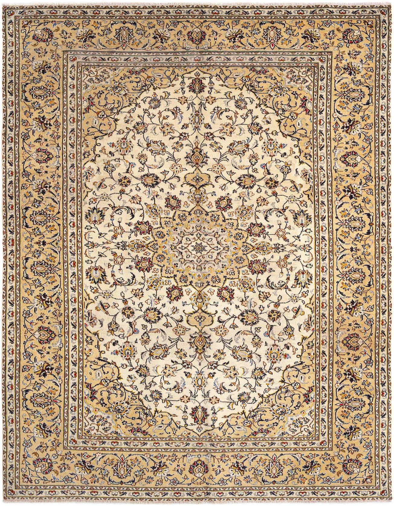 A 6x9 rectangular Kashan Persian rug in shades of brown, tan, and cream, featuring an intricate floral medallion pattern.