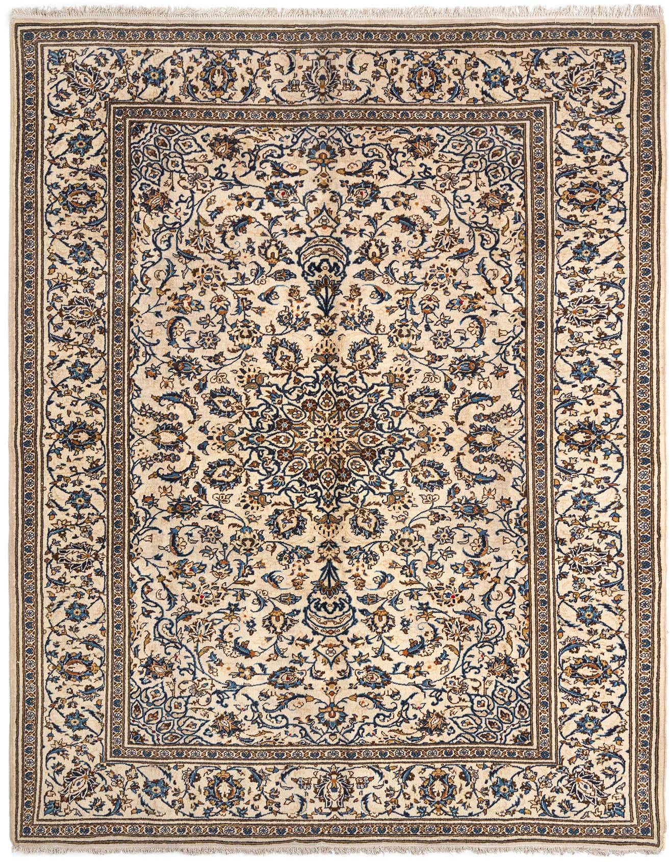 A 6x9 rectangular Kashan Persian wool rug featuring an ivory and cream background with intricate brown and blue floral patterns, ideal for a living room.