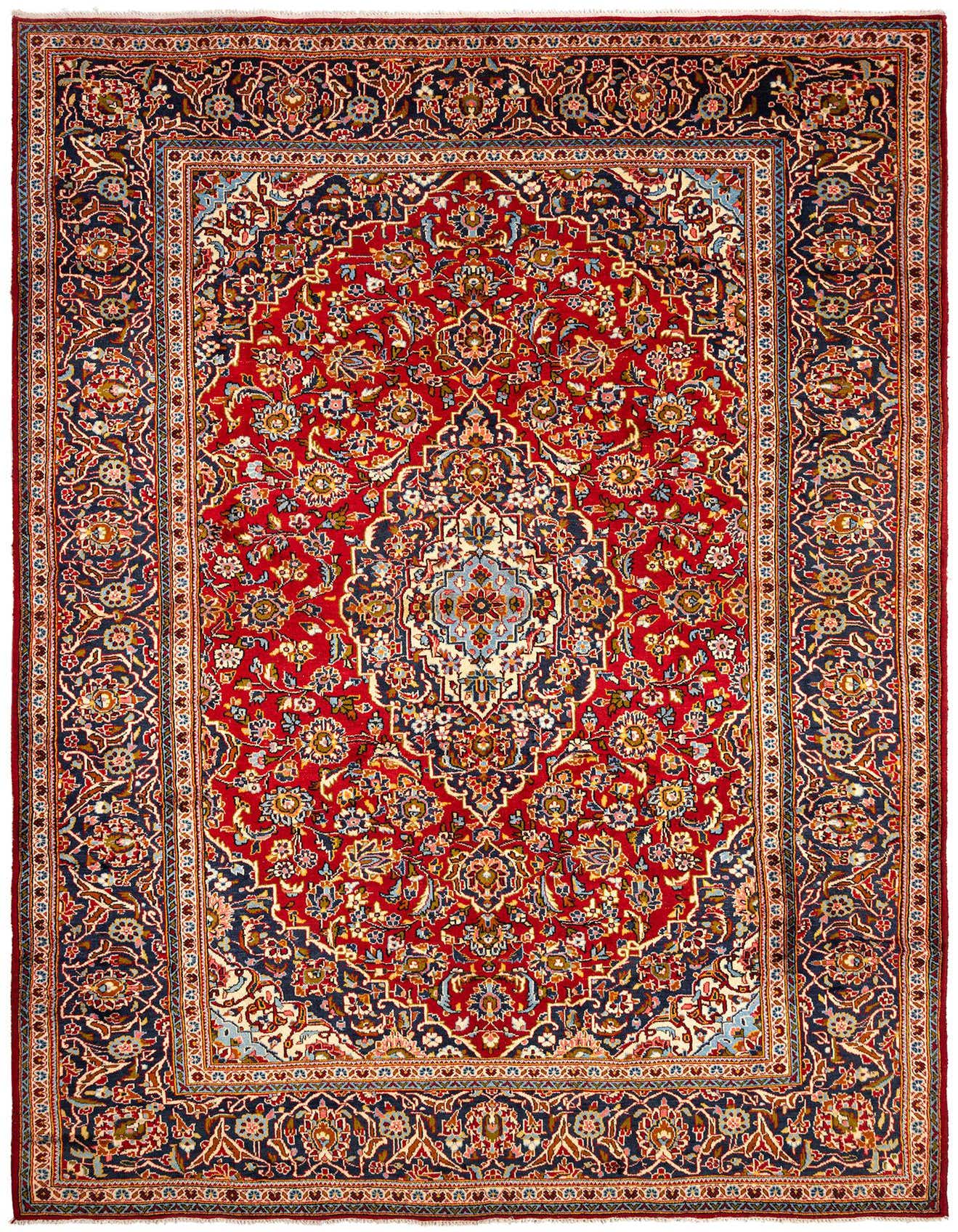A rectangular 8x11 handmade Persian wool rug featuring a central medallion and intricate floral patterns in rich browns, tans, and creams on a deep red background.