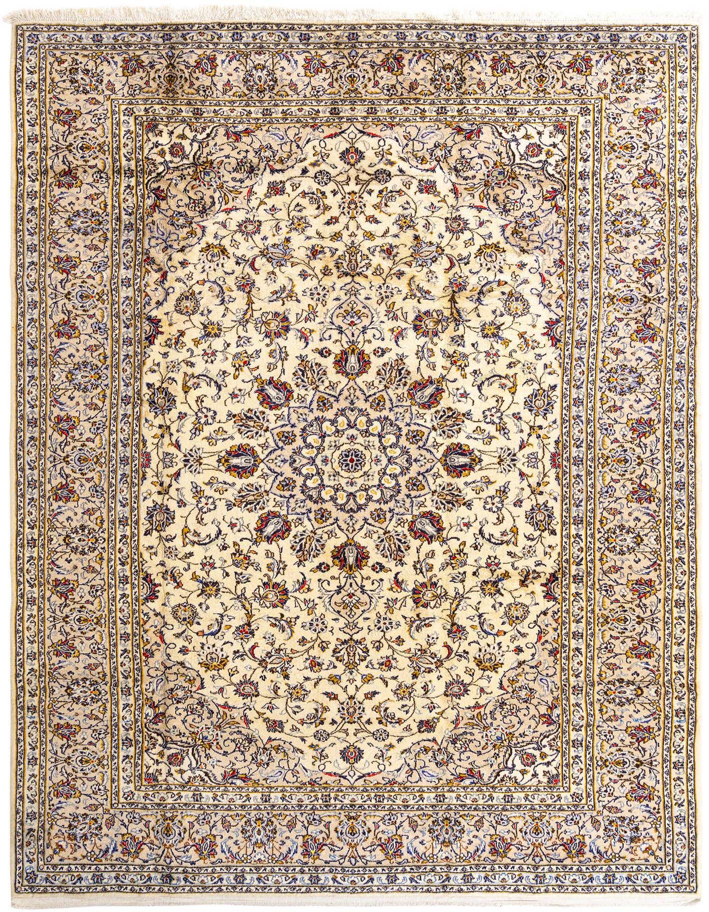 An 8x11 rectangular Persian rug with a cream field, intricate floral patterns in blue, red, and gold, and a detailed border.