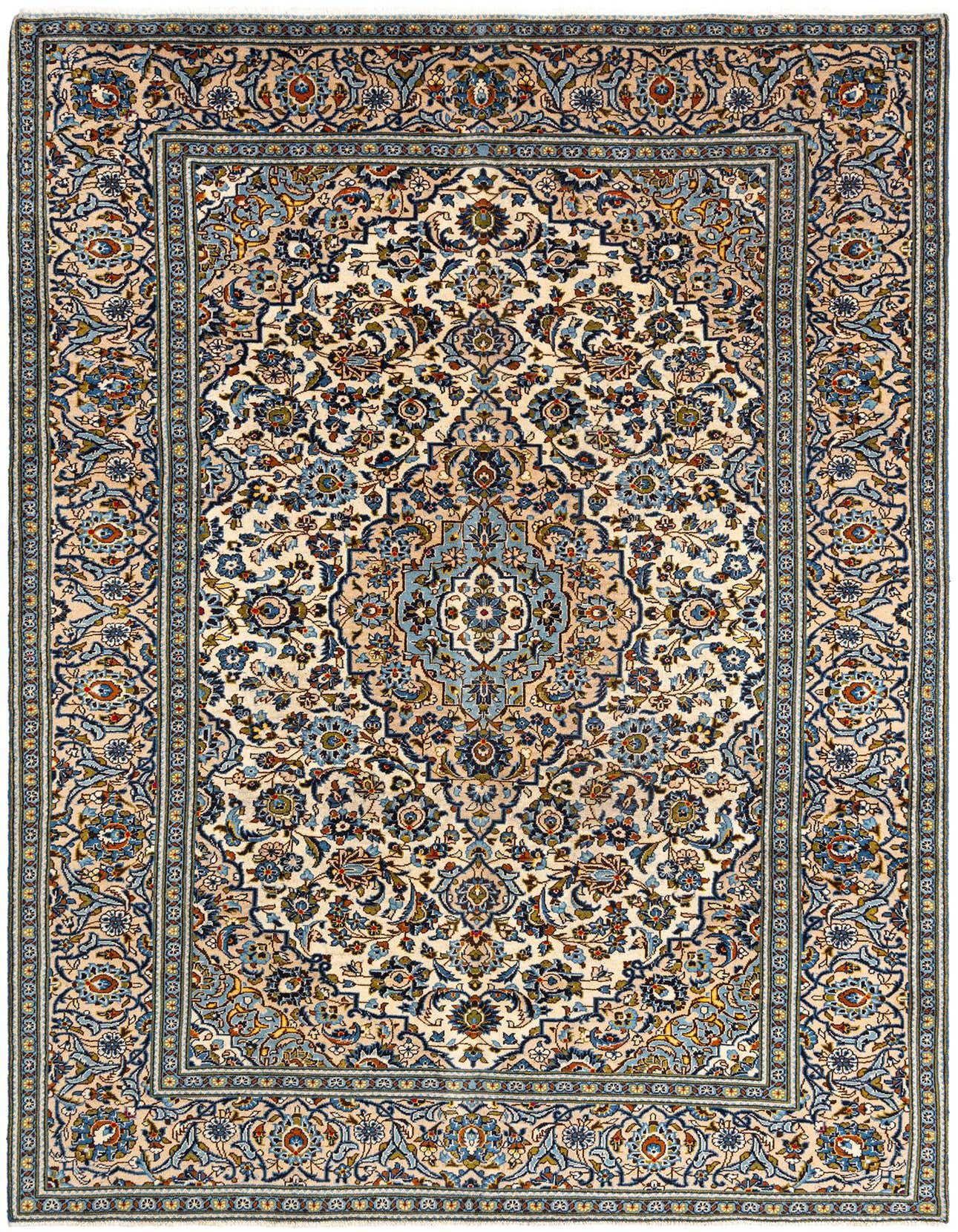 A 7x10 rectangular Kashan Persian rug with an ivory and tan background, featuring intricate blue and brown floral patterns, ideal for a living room.