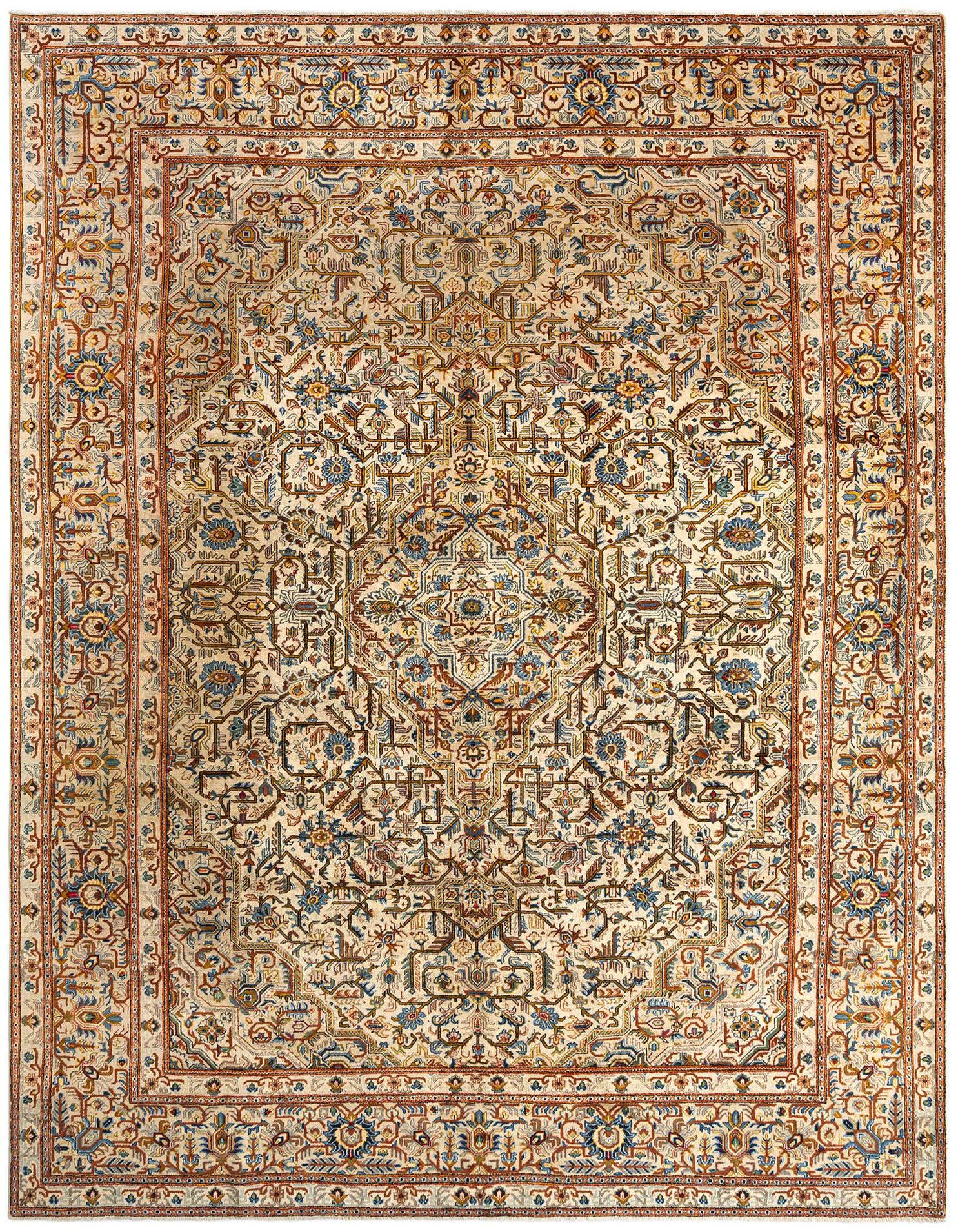 A 9x12 rectangular Kashan Persian rug with intricate traditional patterns in browns, tans, creams, and blues.