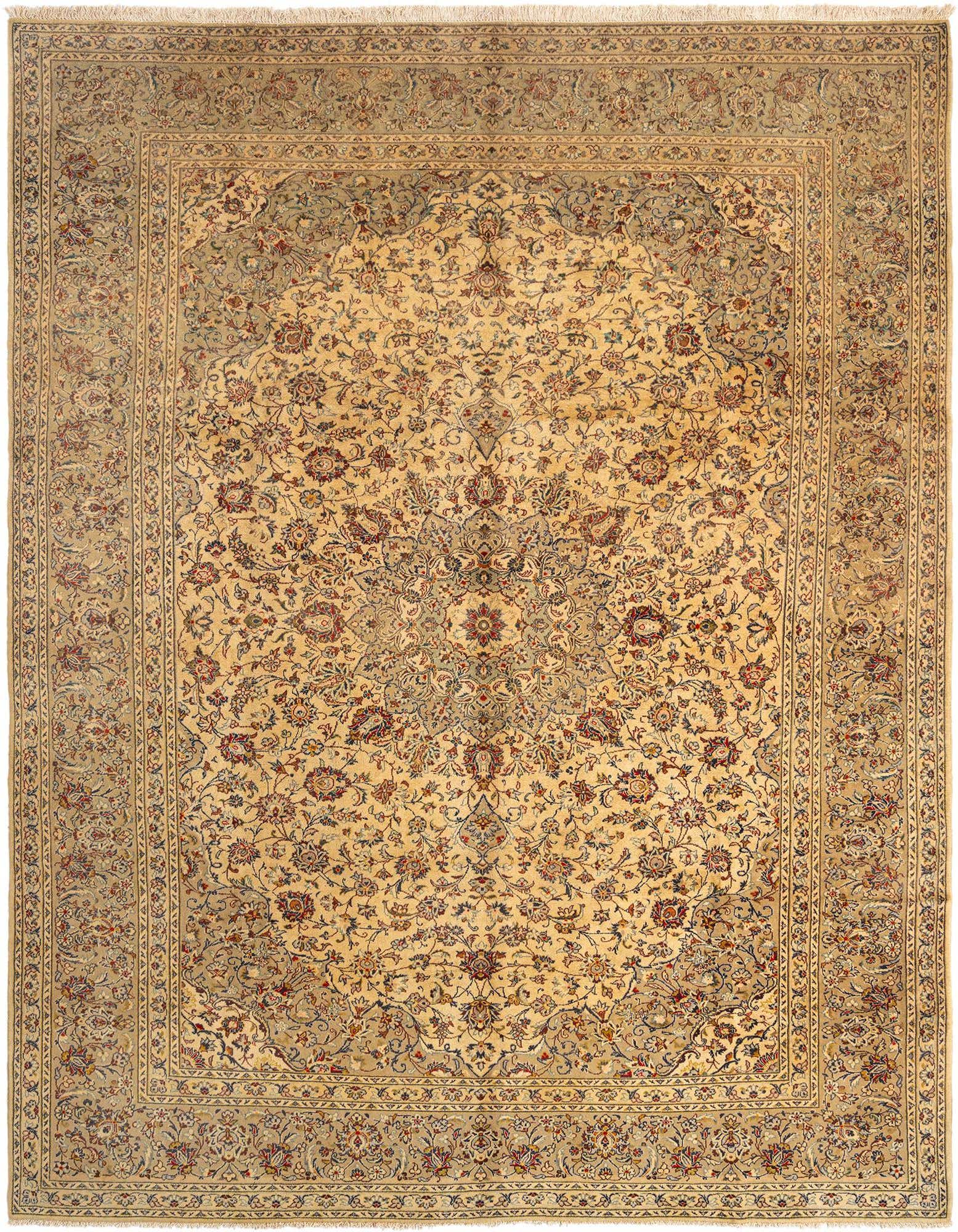 A 9x12 rectangular Kashan Persian rug in shades of brown and ivory, featuring an intricate floral medallion pattern.