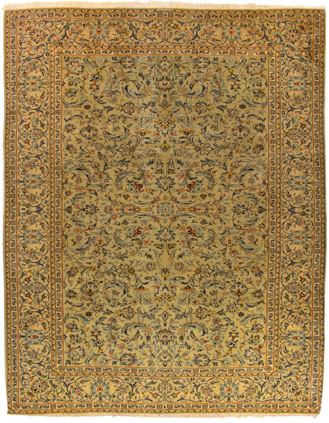 A 7x10 rectangular Kashan Persian rug in shades of brown, tan, and ivory, featuring an intricate floral and vine pattern with a detailed border.