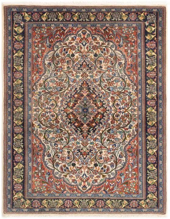A 3x5 rectangular traditional wool rug with a central medallion and intricate floral patterns in browns, ivories, and creams, with red and blue accents.