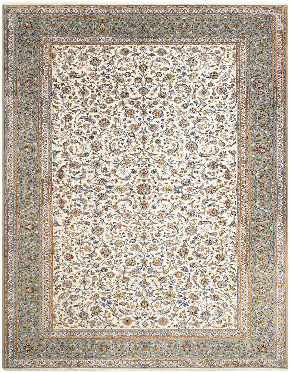 A large 10x16 rectangular traditional wool rug with an ivory field and intricate floral patterns in shades of brown, tan, and cream, framed by a detailed border.