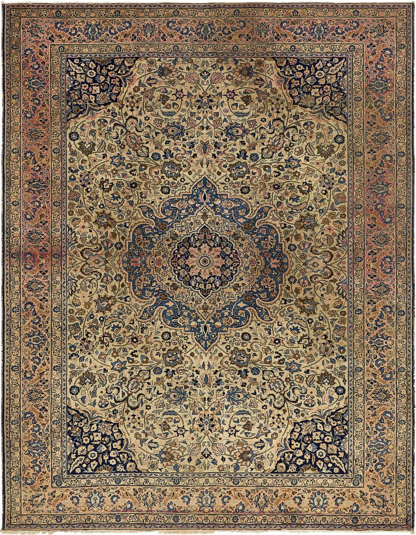 An 8x12 rectangular Persian rug with a cream and tan field, featuring a central medallion and intricate botanical patterns in blues, browns, and pinks, framed by a detailed border.