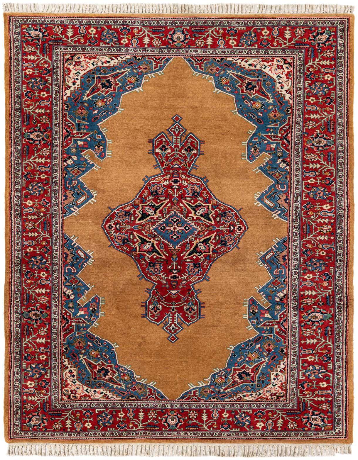 A 4x6 rectangular brown Kashan wool rug with a central medallion and intricate red and blue traditional Oriental patterns.