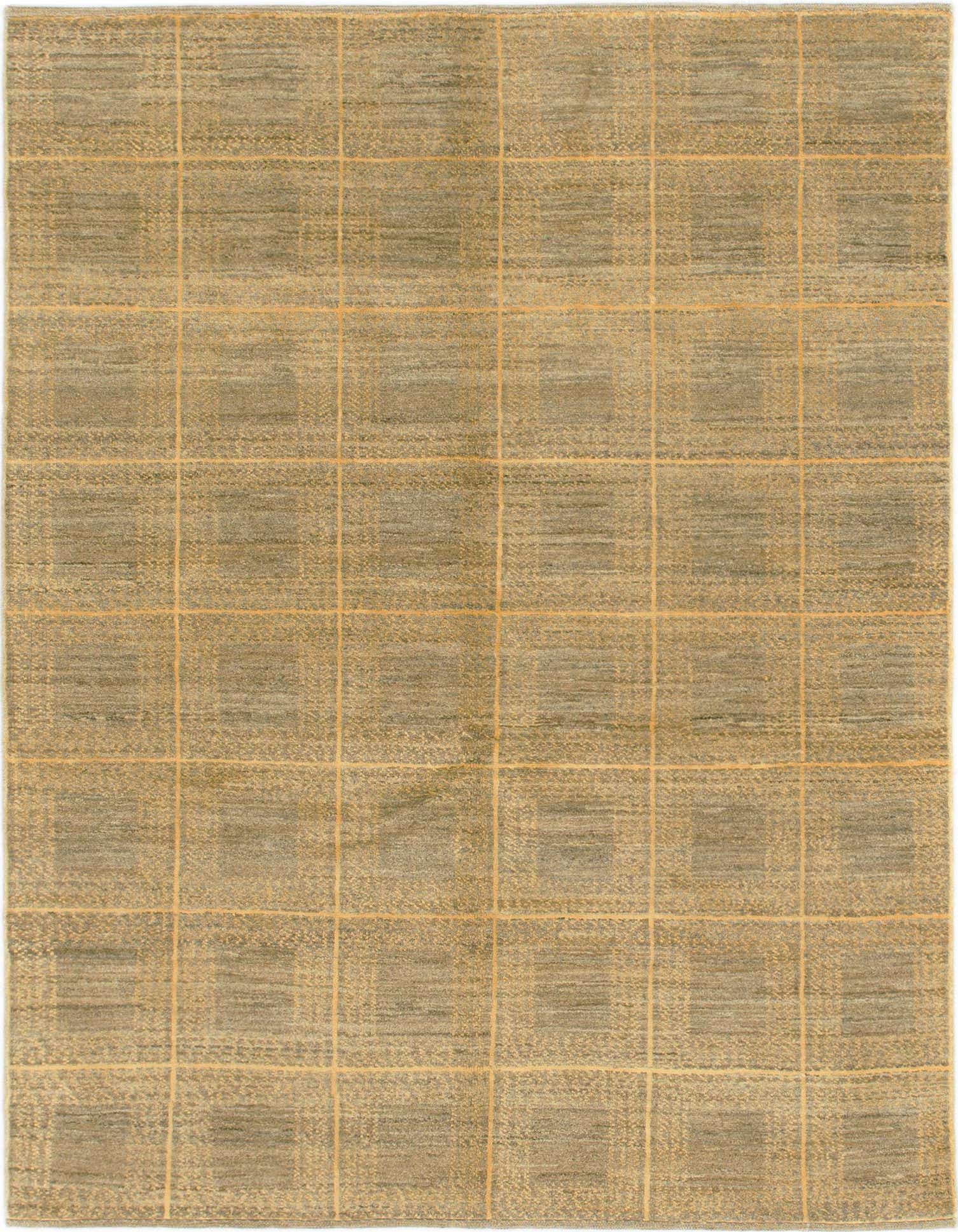 A 4x6 rectangular Kashkuli Gabbeh rug in brown and tan with a modern grid pattern, suitable for a living room.