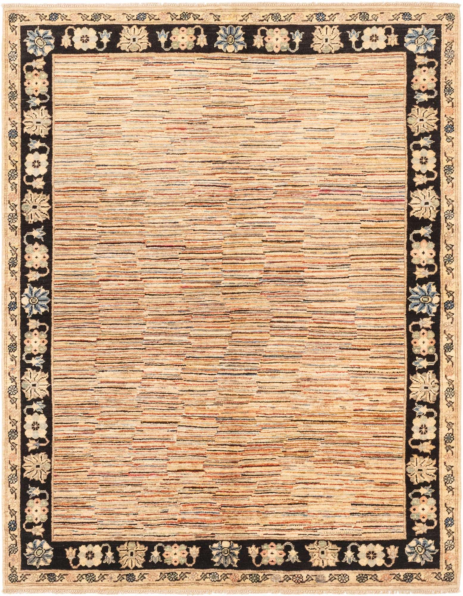 A 4x6 rectangular Rugs.com Kashkuli Gabbeh rug featuring a striped brown and tan field with a dark border of botanical motifs.