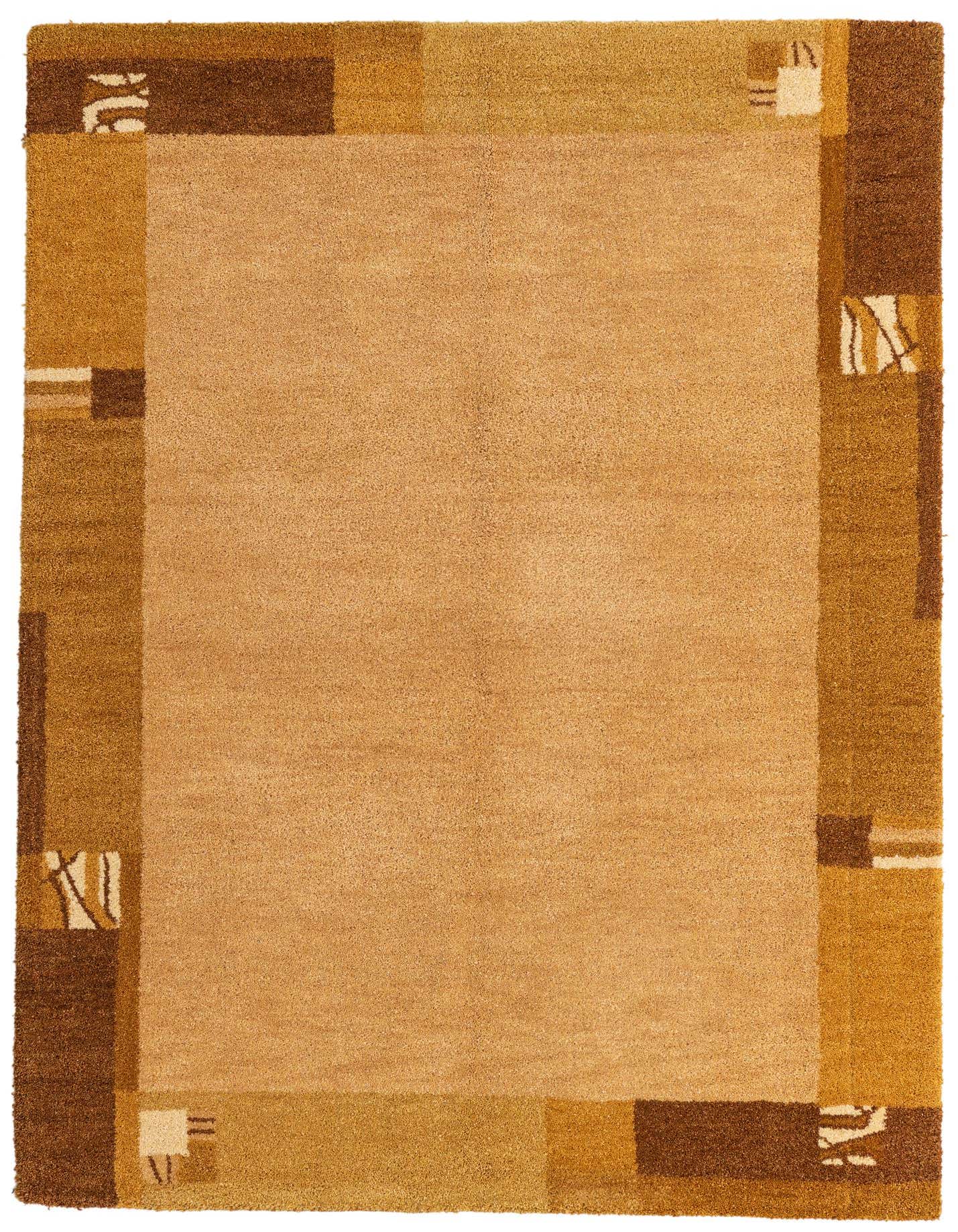 A 4x6 rectangular Kashkuli Gabbeh wool rug featuring a tan center with a modern abstract border in shades of brown, tan, and ivory.