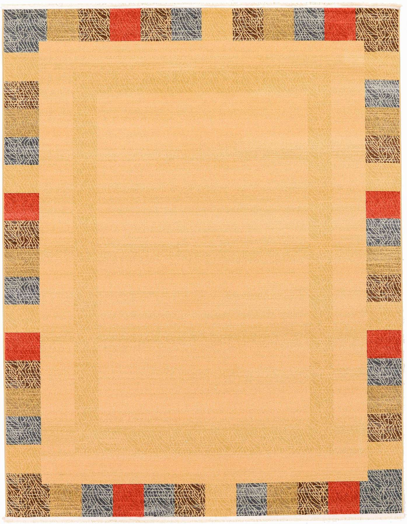 A 7x10 rectangular Kashkuli Gabbeh rug with a solid tan center and a border of alternating brown, cream, red, and blue geometric squares.