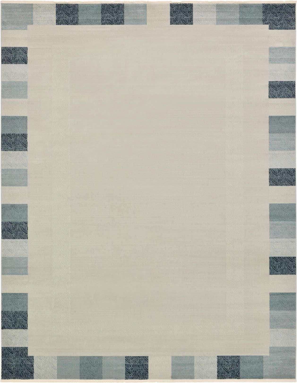 Rectangular palace rug with a solid ivory/cream center and a border of alternating blue, gray, and dark blue patterned squares.
