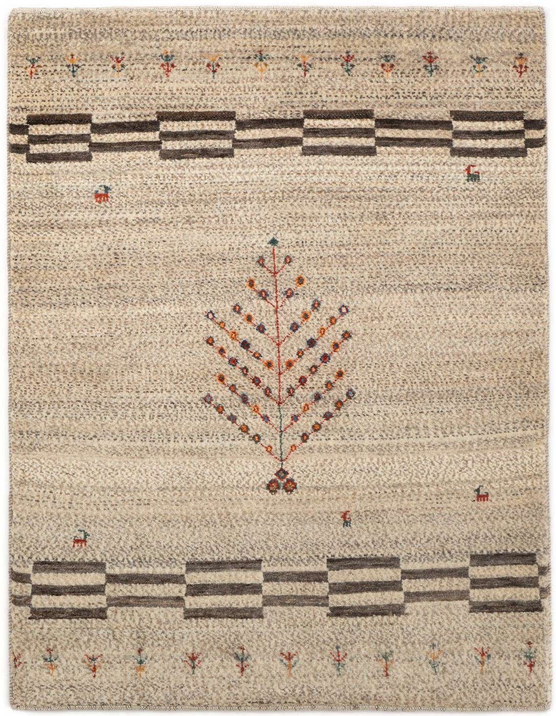 A 3x4 rectangular Kashkuli Persian rug with a cream and tan background, featuring a central tree motif and geometric brown borders.