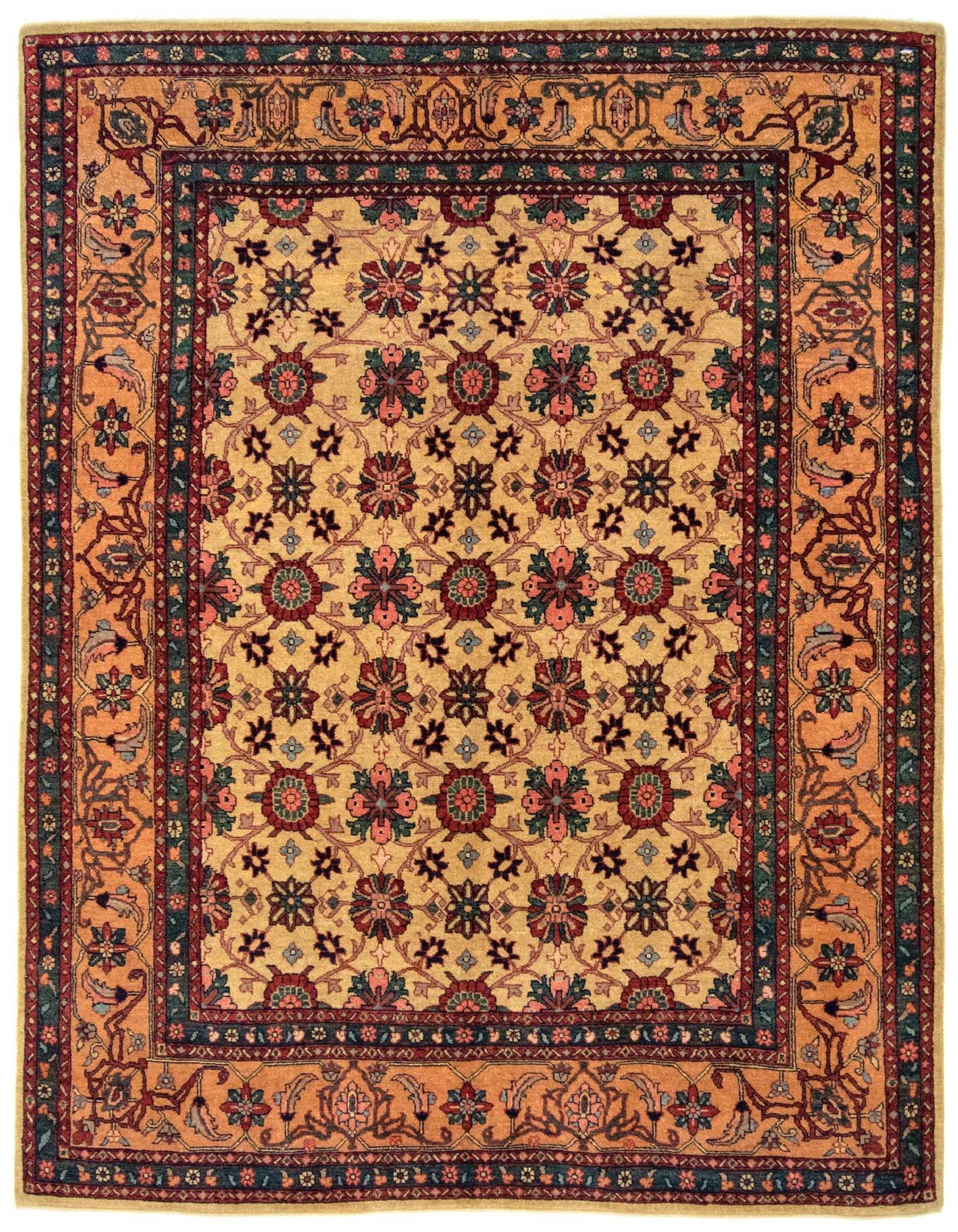 A rectangular 5x8 Kashkuli Persian rug with a tan and ivory field featuring intricate floral patterns in red, pink, and blue, framed by a multi-layered brown and orange border.