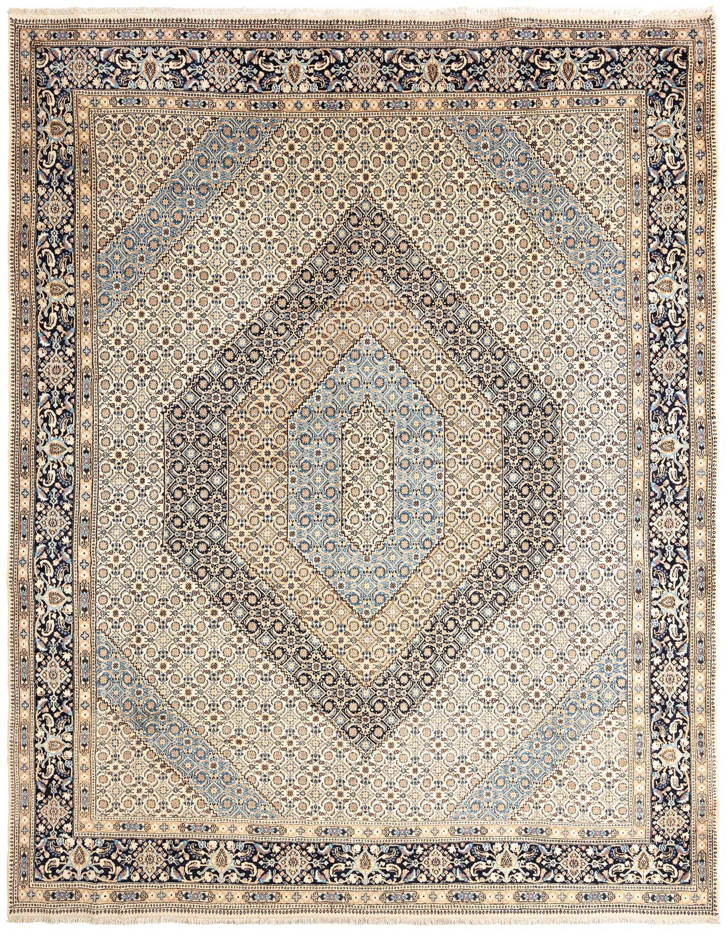 A 10x13 rectangular Kashmar Persian rug featuring a diamond medallion design in shades of brown, tan, and ivory.