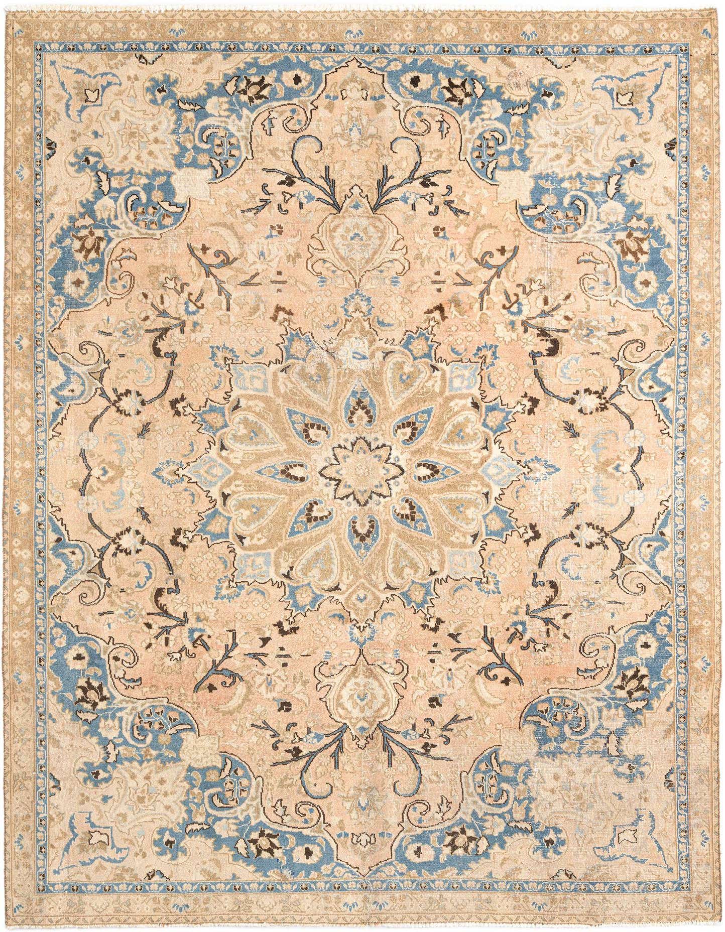 A 7x10 rectangular Kashmar rug with a central medallion and ornate floral patterns in shades of brown, tan, cream, and light blue.