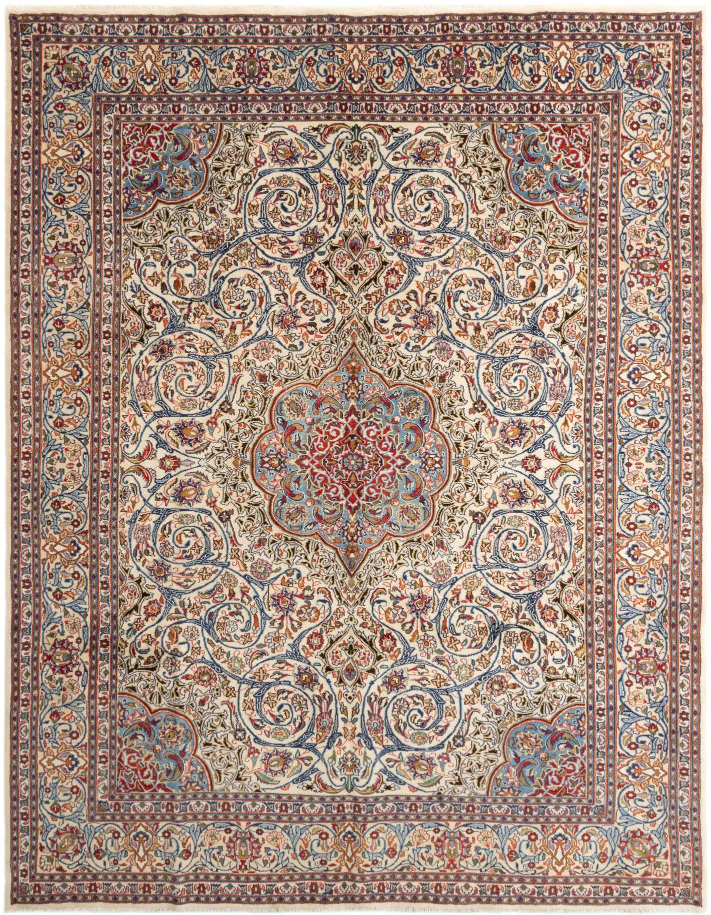 A 9x12 rectangular Kashmar rug with a traditional floral medallion pattern in ivory, cream, brown, and blue tones.