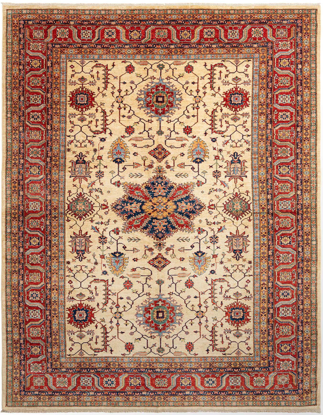 A 10x14 rectangular Persian rug with a cream and tan field, featuring a central medallion and intricate floral motifs in red, blue, and gold, framed by a bold red border.
