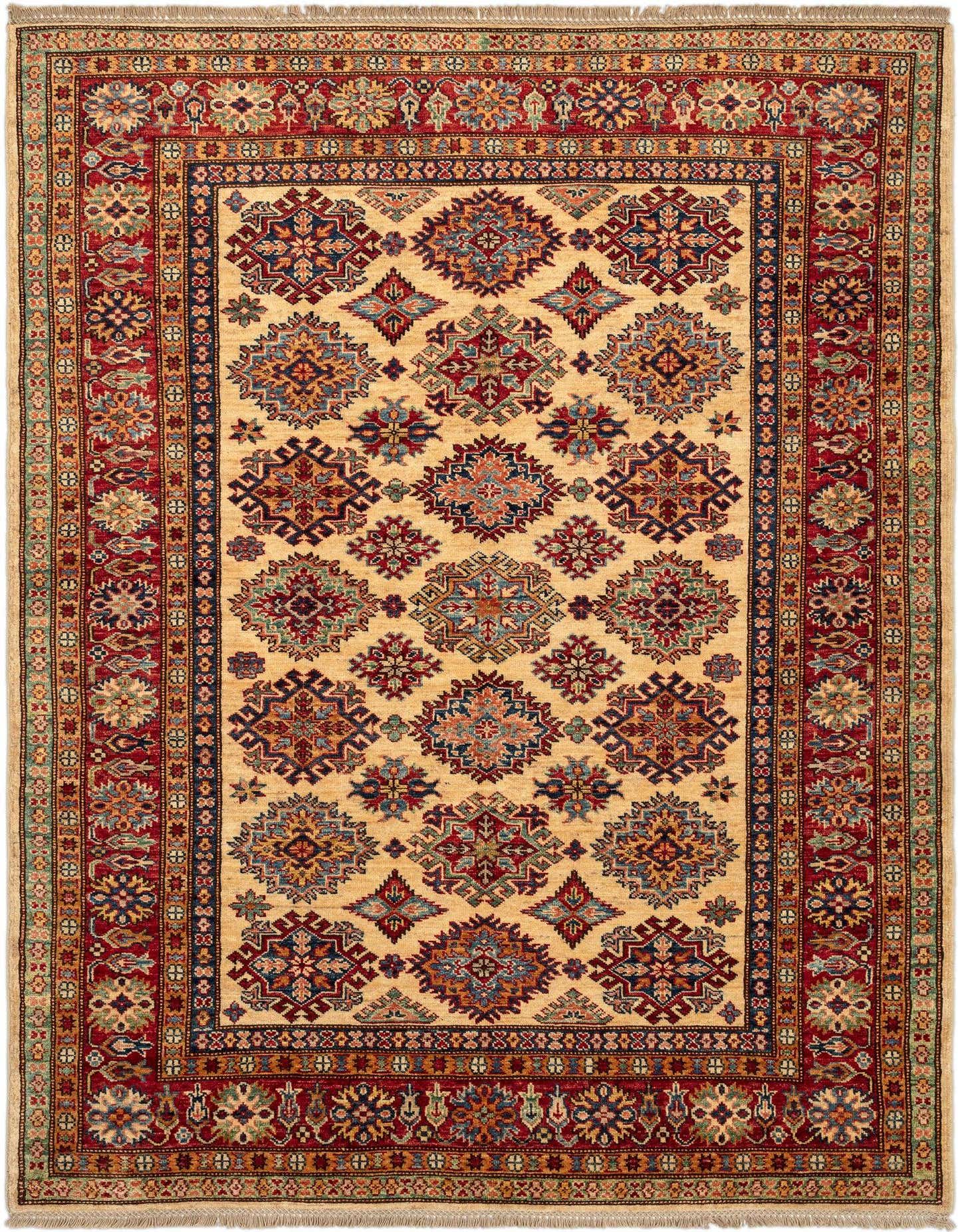 A 4x6 rectangular Kazak wool rug featuring a cream field with colorful geometric medallions and a rich red border.