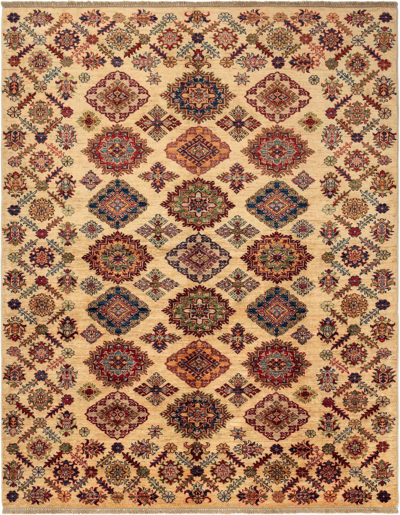 A 6x9 rectangular Persian rug with a cream background and colorful traditional geometric medallions in a grid pattern.