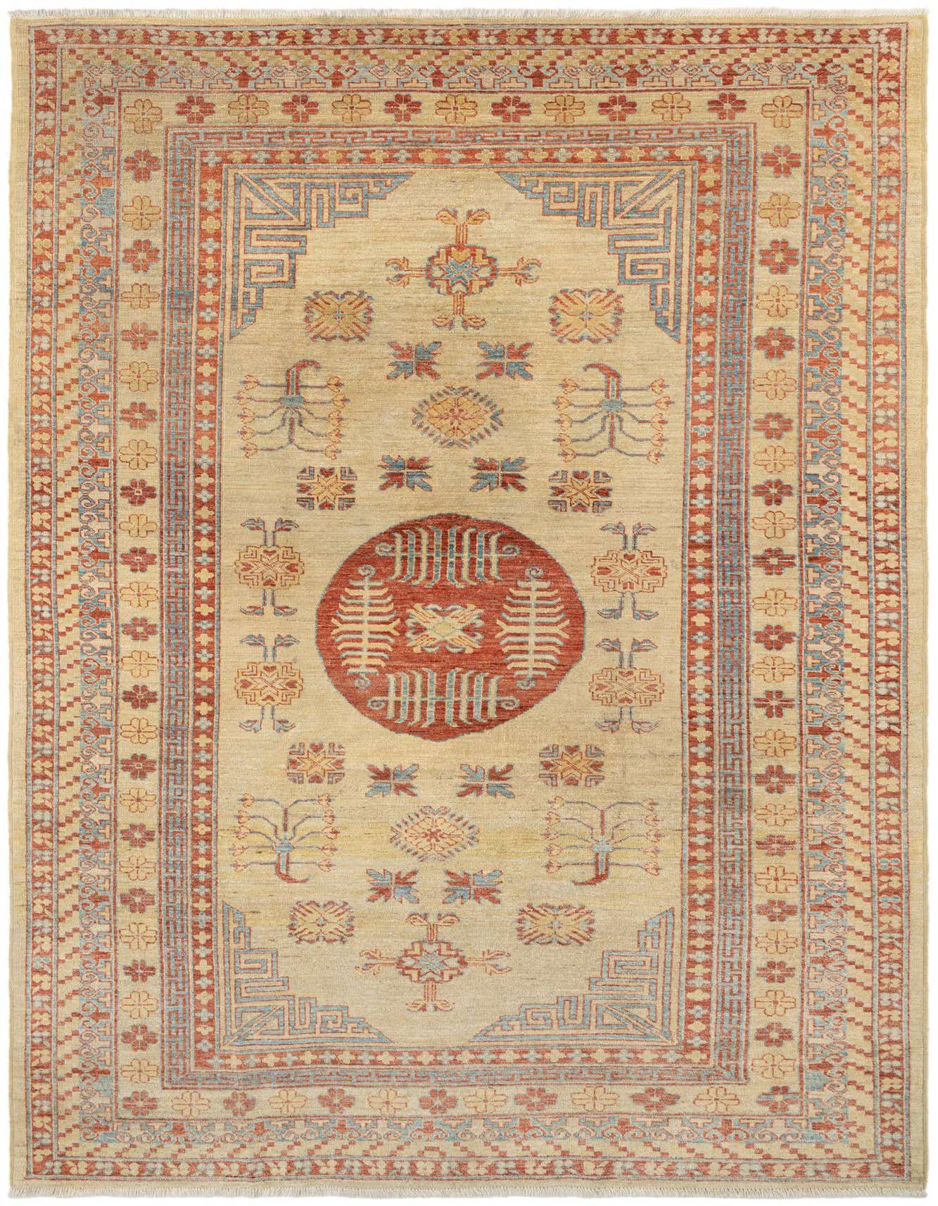 A 6x9 rectangular Kazak wool rug with a tan and ivory background, featuring a central red medallion and intricate oriental patterns in red, blue, and gold.