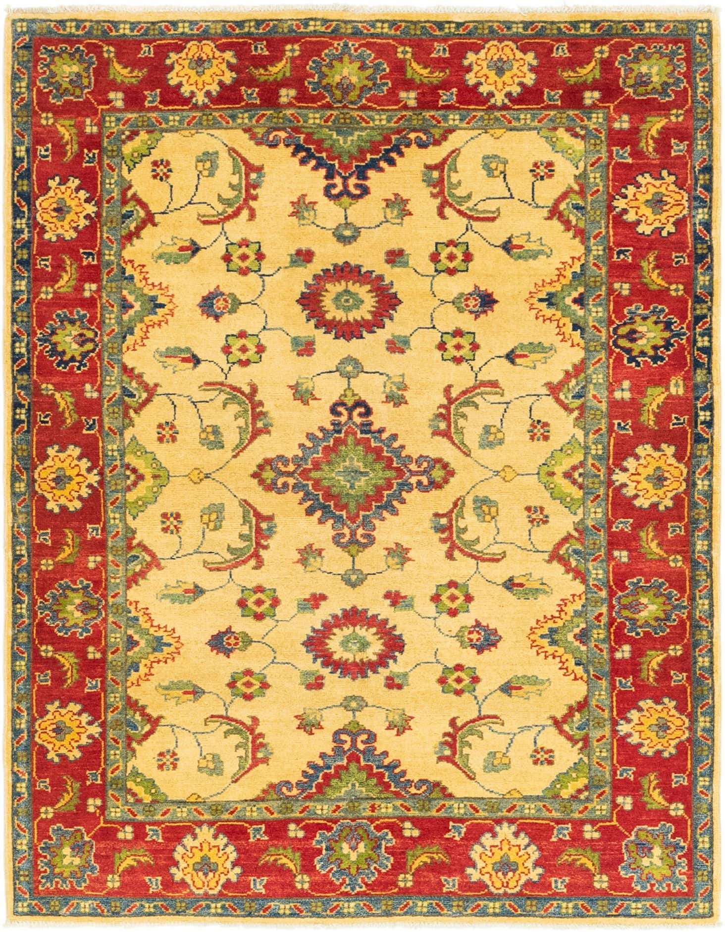 A 4x6 rectangular Rugs.com Kazak rug featuring a cream field with a central botanical medallion and a bold red border with floral motifs.
