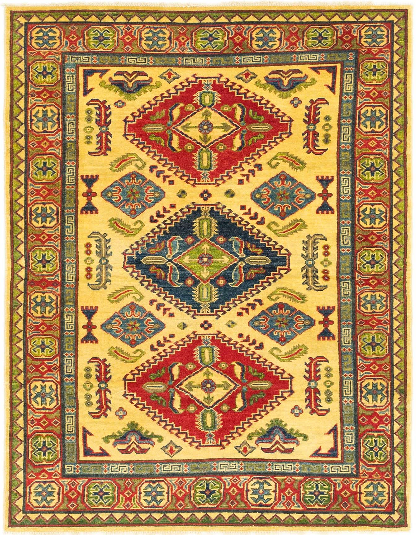 A 4x6 rectangular Kazak rug with a cream field, featuring a large central navy and red medallion, surrounded by tribal motifs and a detailed border.