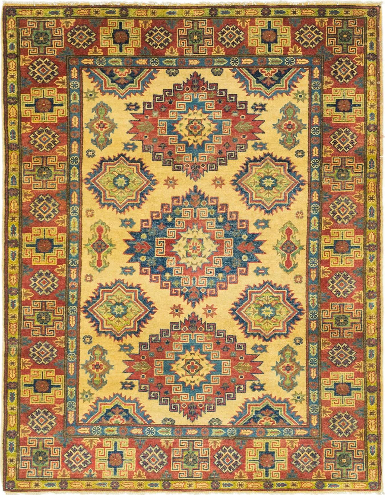 A 4x6 rectangular Kazak rug with a cream field and traditional Southwestern medallion patterns in red, blue, and green.