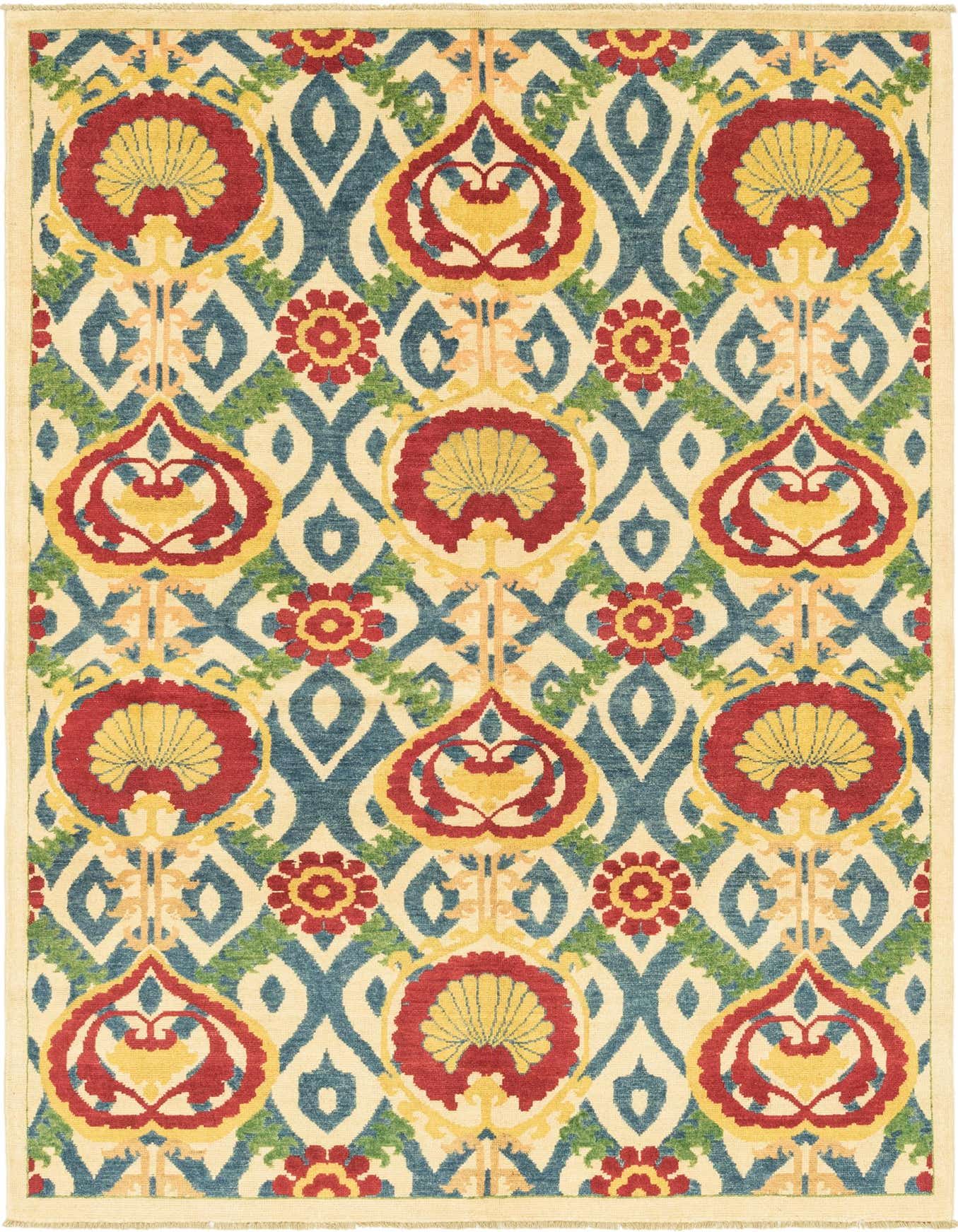 A 5x7 rectangular tribal rug featuring a vibrant pattern of red, yellow, and blue motifs on a cream background.