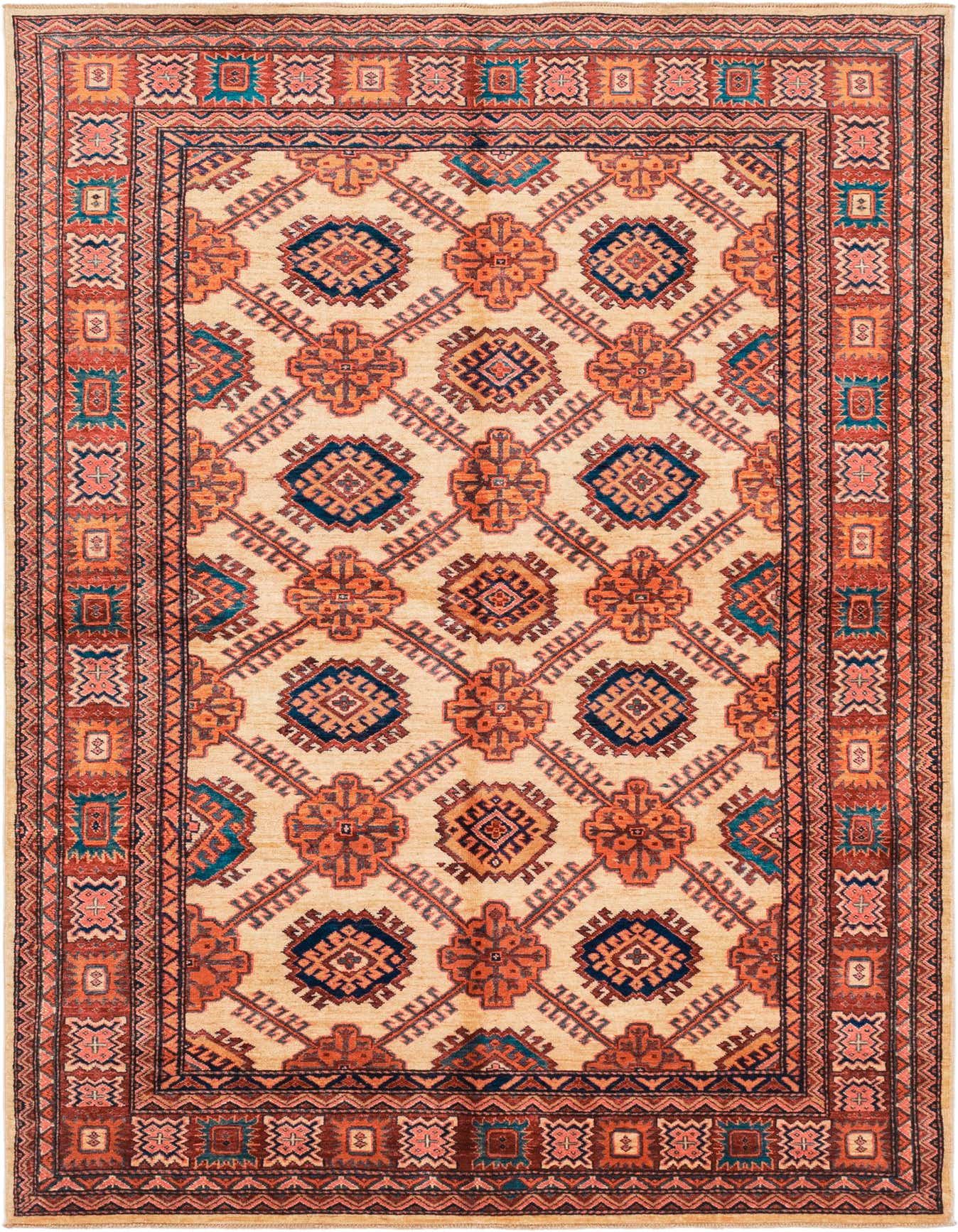 A 6x9 rectangular Kazak rug with a cream field, featuring traditional tribal patterns in brown, tan, ivory, and hints of blue and red.