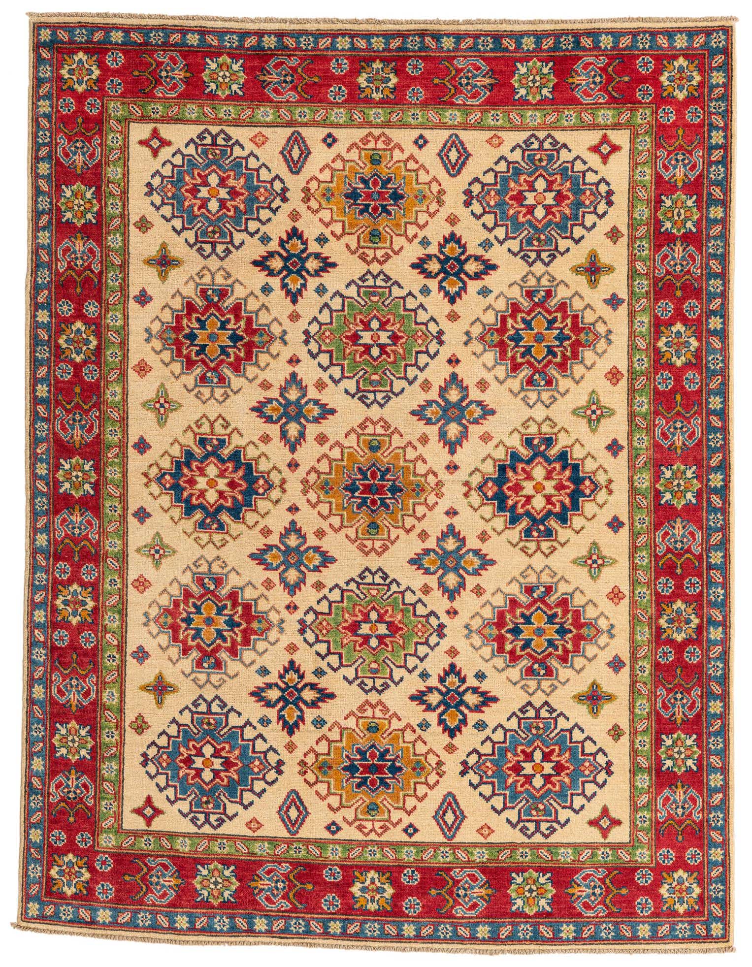 A 5x7 rectangular Kazak area rug featuring a cream field with colorful geometric medallions and a vibrant red border.