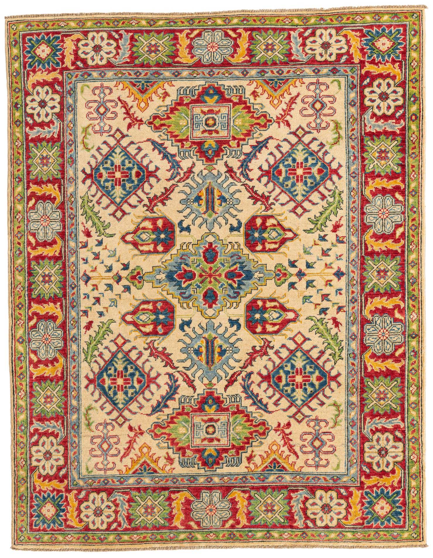 A 5x7 rectangular Kazak rug with a cream field and traditional Southwestern patterns in red, blue, green, and gold.