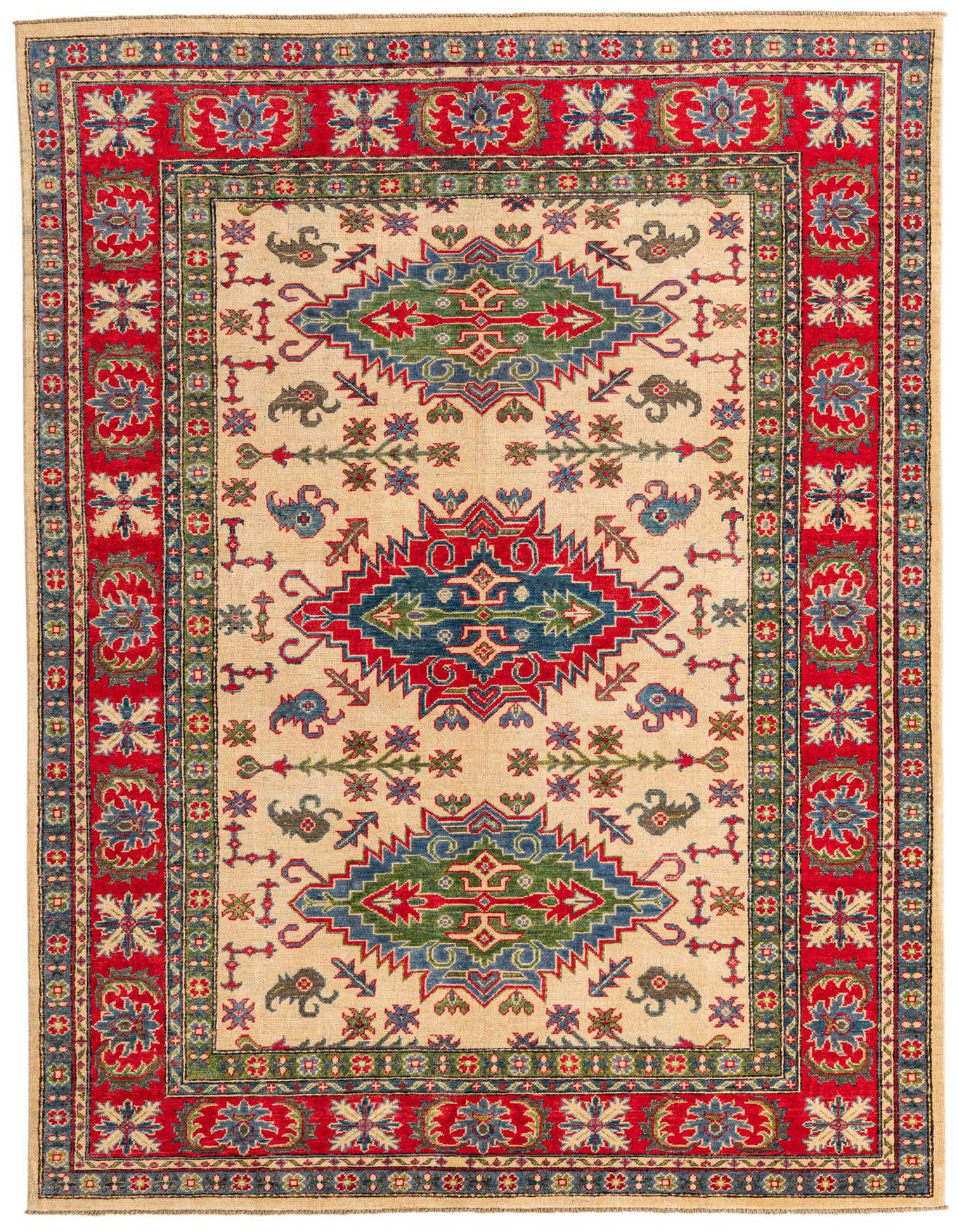 A 6x9 rectangular Kazak rug with a cream field, red border, and traditional Southwestern patterns in blue, green, and red.