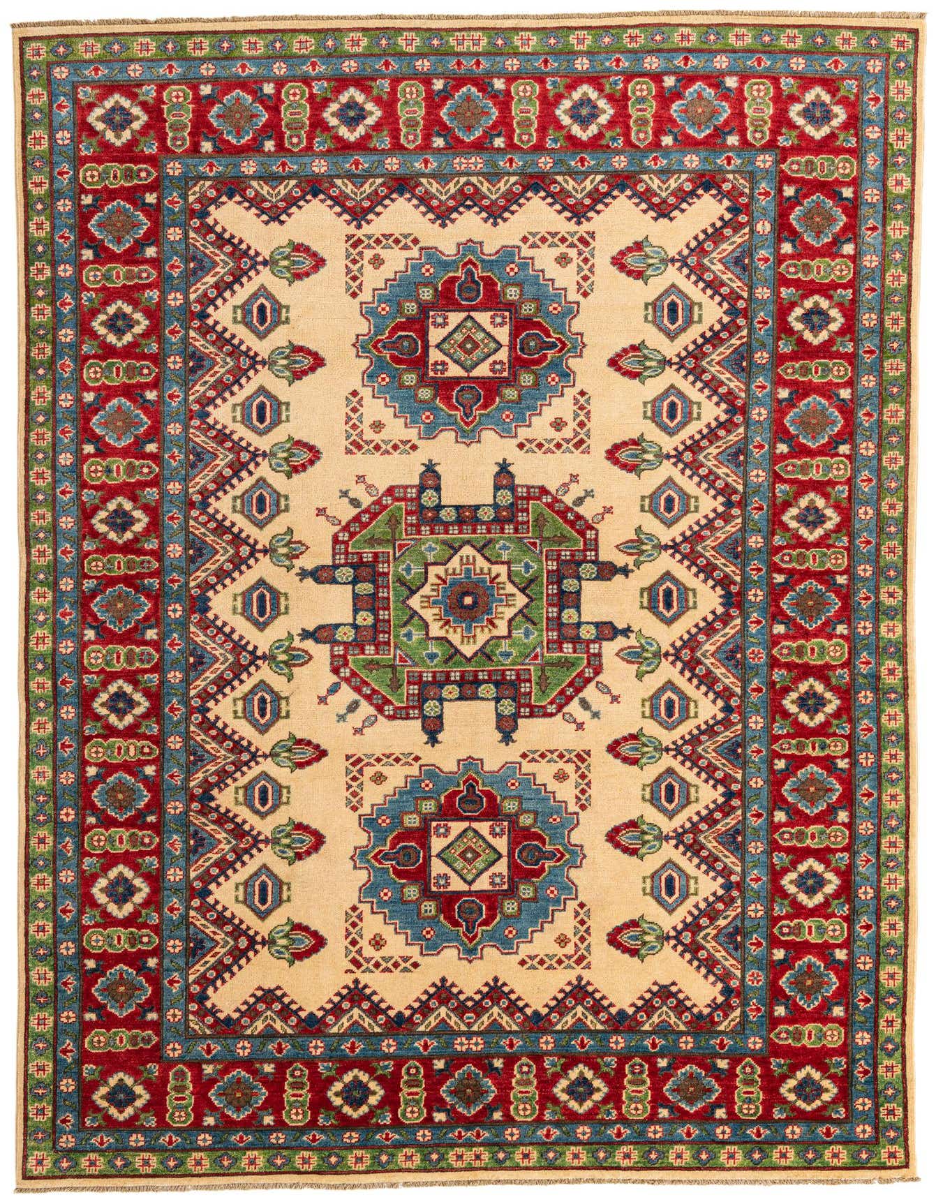 A 6x9 rectangular Rugs.com Kazak rug featuring a traditional Southwestern pattern in brown, ivory, red, and blue, ideal for a living room.