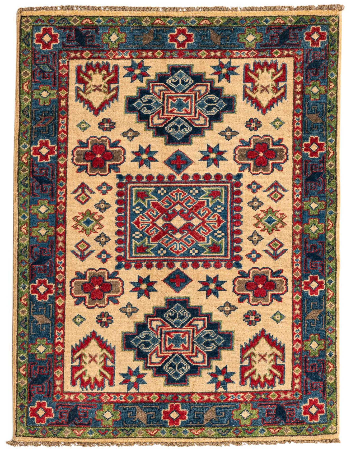 A 3x4 rectangular Kazak rug with a cream background, featuring a traditional medallion pattern in blue, red, green, and brown.